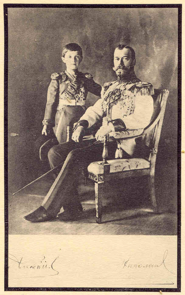 H. M. Emperor Nicholas II and H. I. H. Grand Duke Alexis, Heir to the Throne of Russia, photographed at Peterhof on the wedding-day of H. II. Prince John of Russia