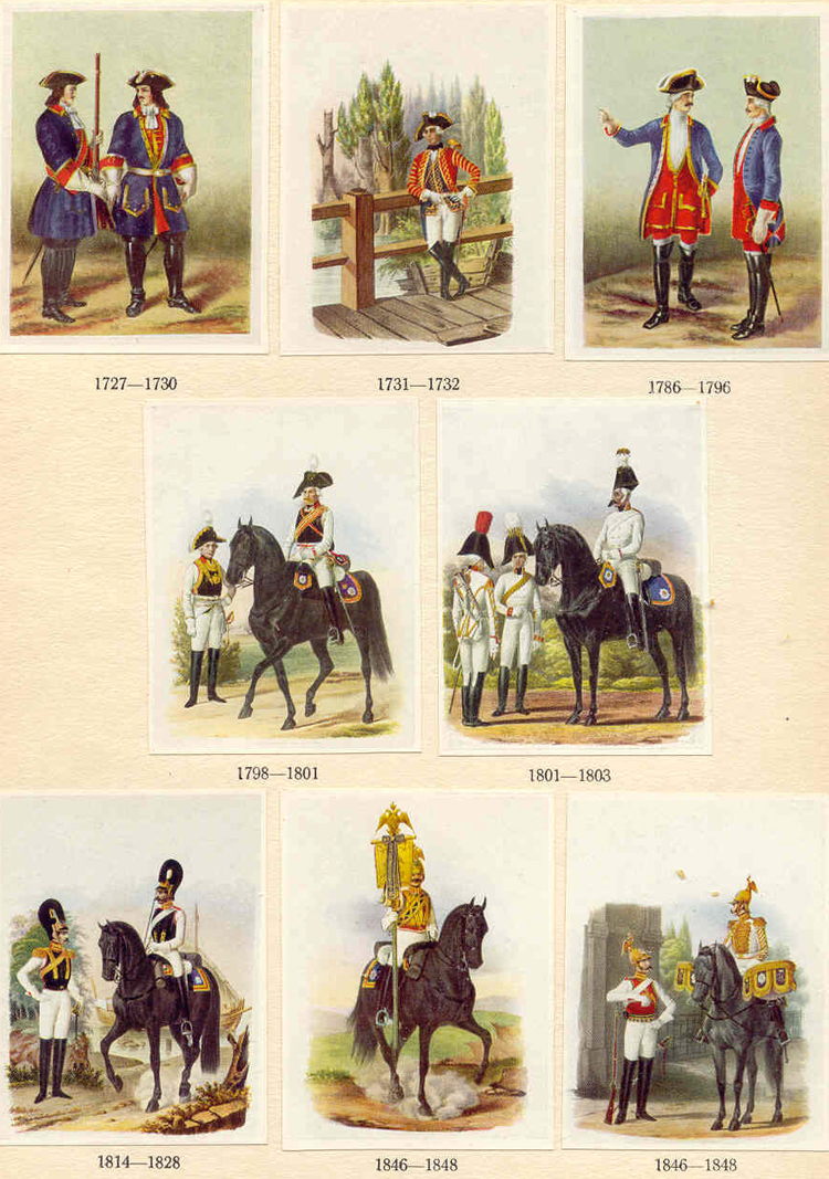 Some of the uniforms worn by officers of the " Leib Regiment " and the Horse Guards, from works by Wiskowaty and Annenkoff