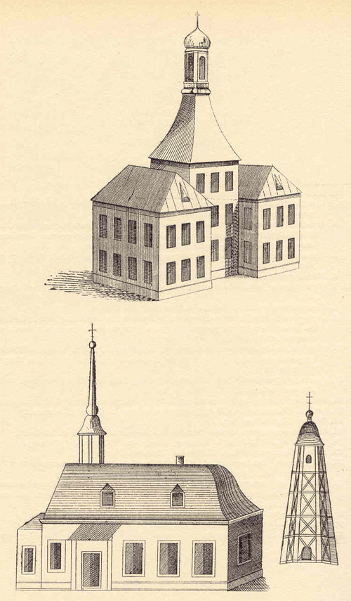 A sketch of regimental head-quarters and the first stone church of the Horse Guards