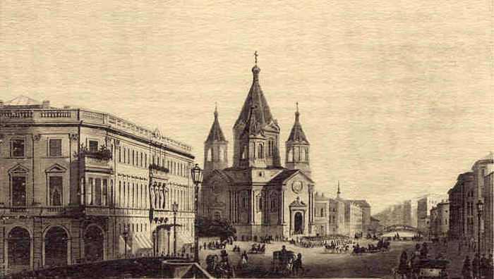 A view of the Cathedral of lhe Annunciation, the Horse Guards regimental Church, from a coloured lithograph by Daziaro