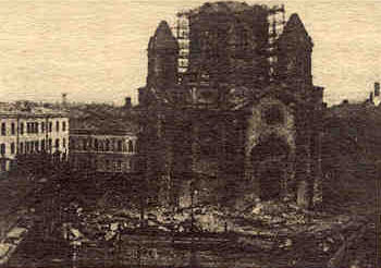 A view of the cathedral of the Annunciation being pulled down by the bolsheviks, from a photograph published on August 31st., 1929