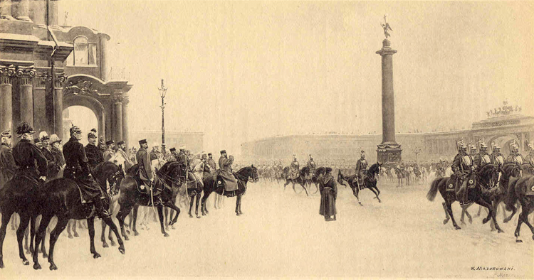 H. M. Emperor Alexander III reviewing the Horse Guards in Winter Palace Place, in St. Petersburg