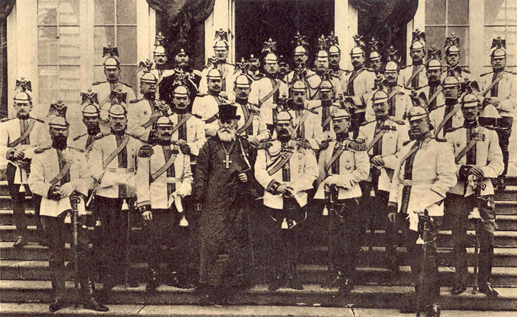 A group of officers of the Horse Guards in full dress uniform photographed outside the Great Catherine Palace at Tsarskoie Selo