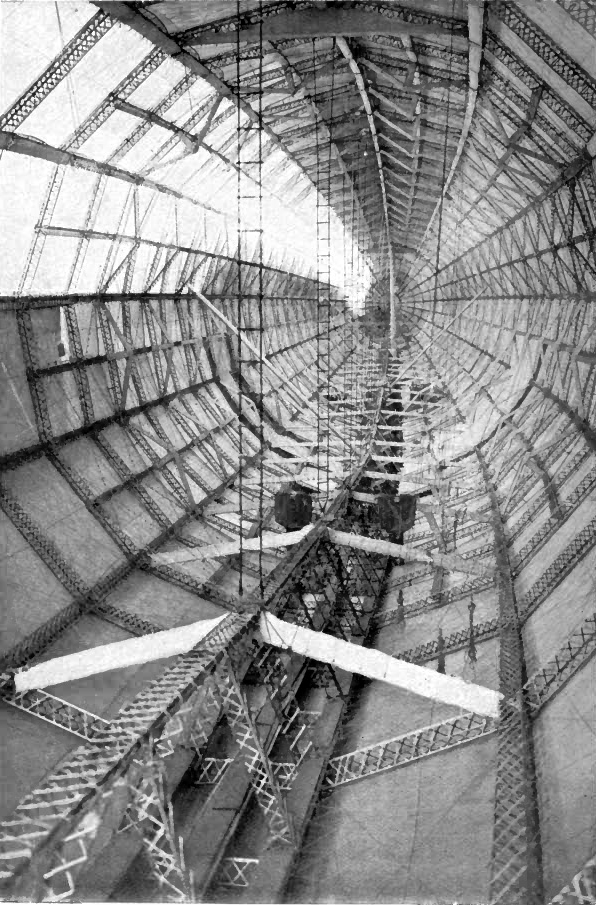Interior of a Zeppelin, showing the hexagonal rinds and longitudinal tie-girders 