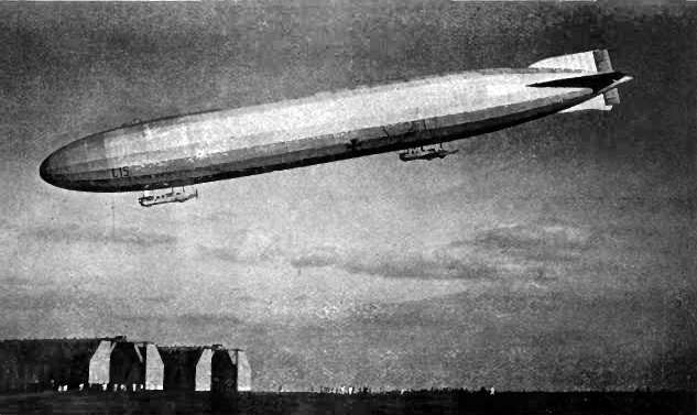 Naval airship, L. 15, about to land. The pilot's gondola is in front, and the machine-gun platform can be seen on top of the envelope