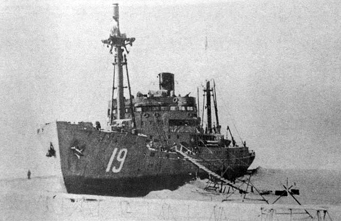 Icebreaker Dezhnev (SKR-19) in winter harbor