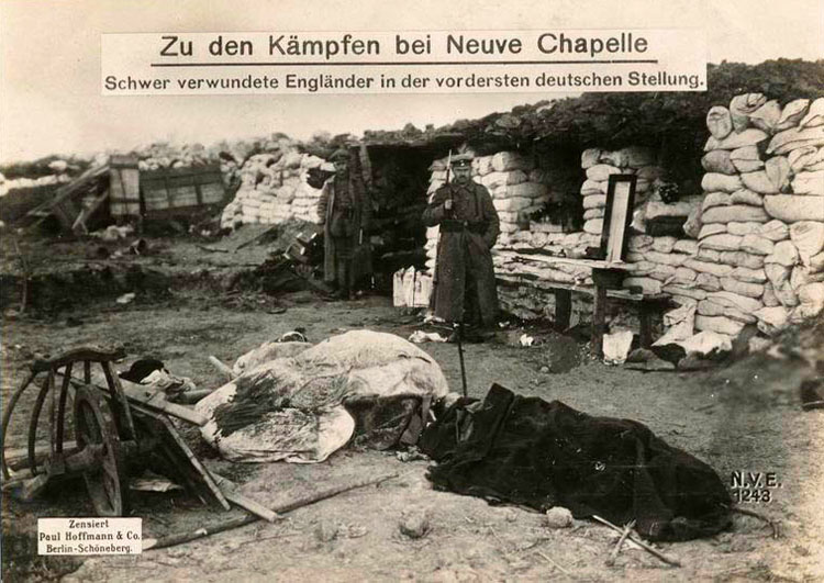 Battle for Neuve Chapelle: heavily wounded Englishmen on the German forward position.